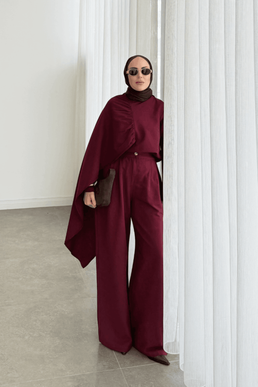 Bordo Fuarlı Keten Takım